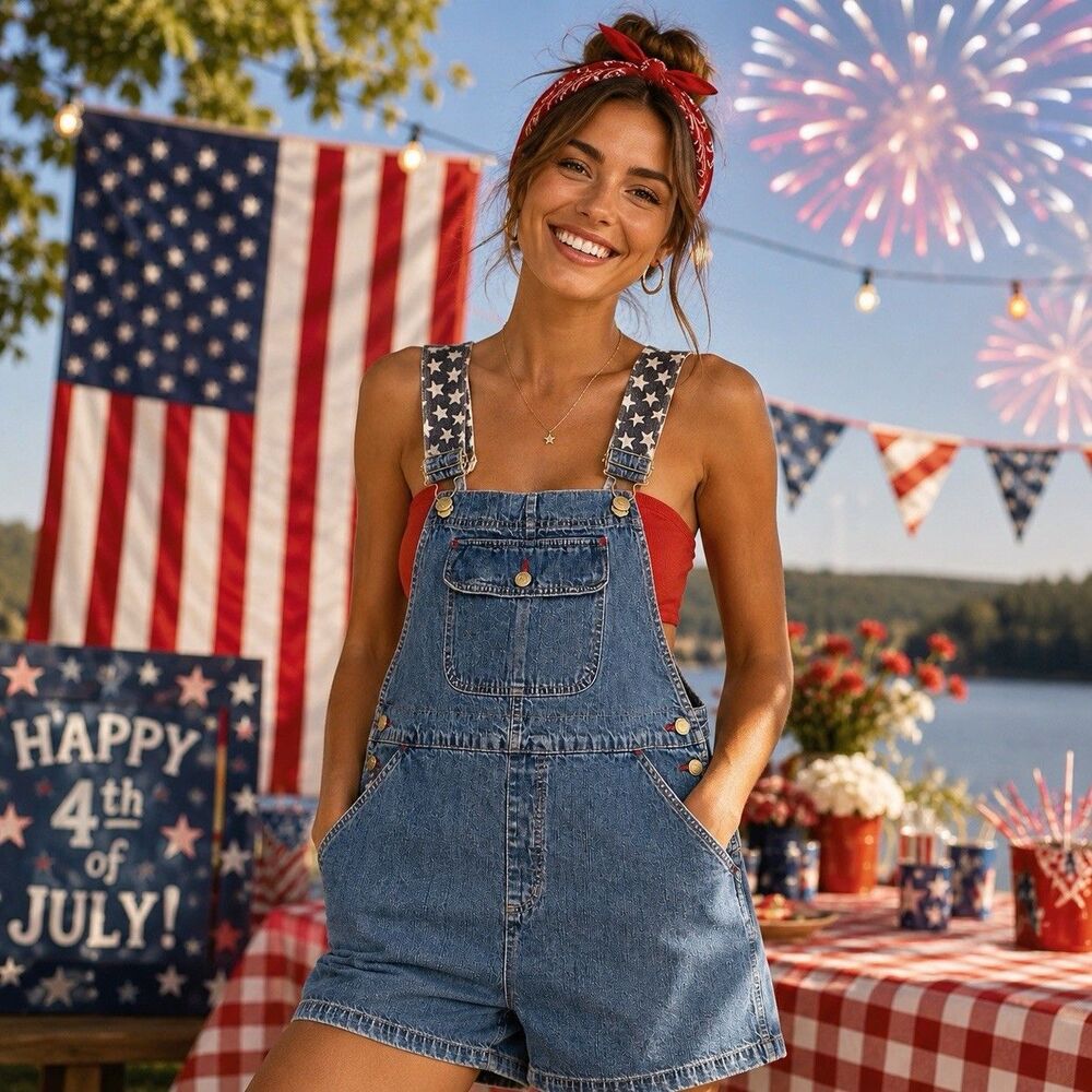 Cherokee Bib 90’s Overall Blue Denim Shorts Women American Flag Print Plus 20W
